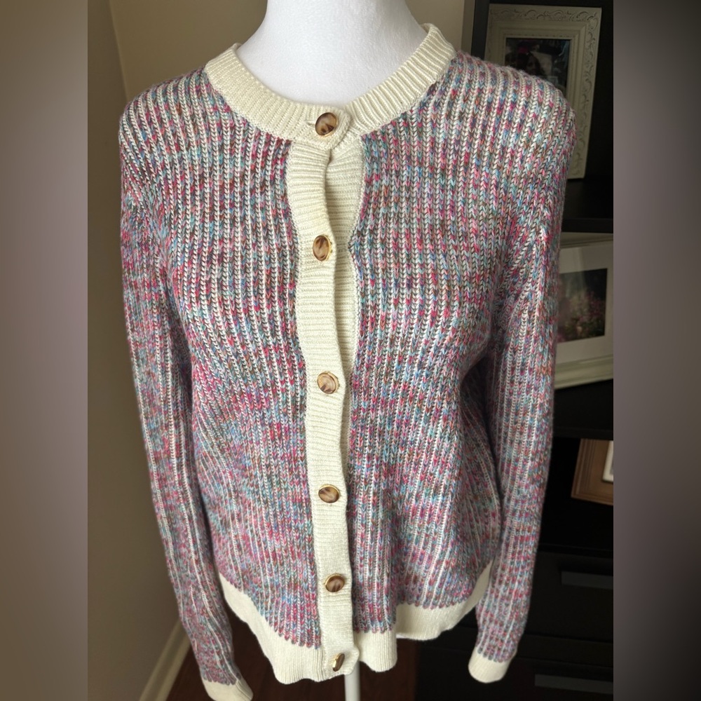 J. Crew Multicolor Knit Cardigan with Cream Accents Large - Picture 2 of 7